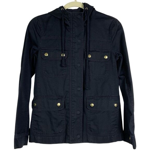 J. Crew Factory Women's Cotton Utility Jacket XXS Navy Blue With Hood & Pockets - Picture 2 of 11